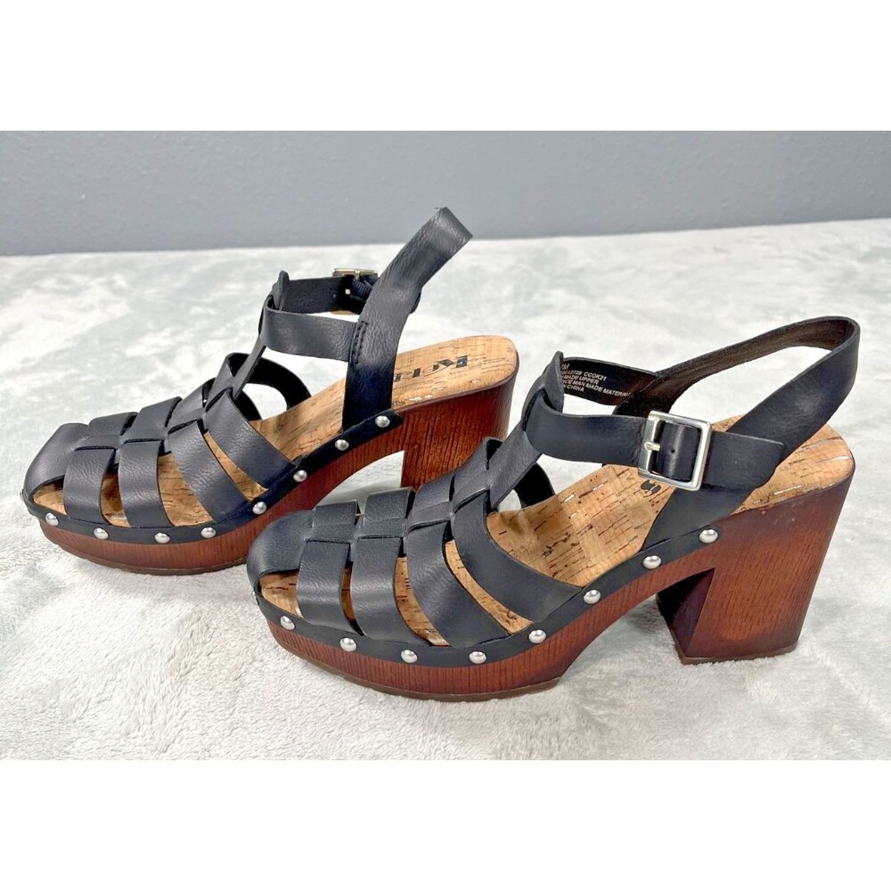 Korks Whitney Black Platform Sandals Size 7M Block Heel Studded Fisherman Boho